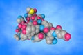 Epidermal growth factor domain of P-selectin. Space-filling molecular model on blue background. Rendering based on