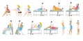 Epilation and depilation vector illustration collection set. Woman in beauty saloon sitting, lying, or standing to shave legs skin