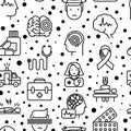 Epilepsy seamless pattern with thin line icons of symptoms and treatments: convulsion, disorder, dizziness, brain scan. World Royalty Free Stock Photo