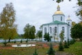 The Epiphany Church in Polotsk, Republic of Belarus with beautiful white walls and golden domes and crosses against the background