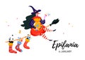 Epiphany. Greeting card with Befana and full socks of coals, sweets. Witch flying on broom. Royalty Free Stock Photo