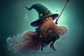 Epiphany hag octopus riding a broom illustration generative ai