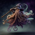 Epiphany hag octopus riding a broom illustration generative ai