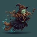 Epiphany hag octopus riding a broom illustration generative ai