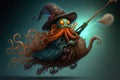 Epiphany hag octopus riding a broom illustration generative ai