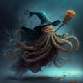 Epiphany hag octopus riding a broom illustration generative ai Royalty Free Stock Photo