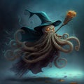 Epiphany hag octopus riding a broom illustration generative ai