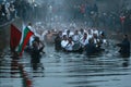 Epiphany Traditions - Jordan. Men dance in the icy waters of the river Tunja on January 6, 2011, Kalofer, Bulgaria