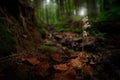 Epipogium aphyllum, Ghost Orchid, in the nature forest habitat, wide angle, Sumava NP, Czech Republic. Two flowers in the nature