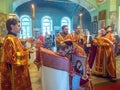 Episcopal Liturgy, divine service and procession with the consecration of honey on the feast of the Honey Saviour in Russia. Royalty Free Stock Photo