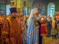Episcopal Liturgy, divine service and procession with the consecration of honey on the feast of the Honey Saviour in Russia. Royalty Free Stock Photo