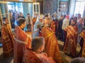 Episcopal Liturgy, divine service and procession with the consecration of honey on the feast of the Honey Saviour in Russia. Royalty Free Stock Photo