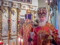 Episcopal Liturgy, divine service and procession with the consecration of honey on the feast of the Honey Saviour in Russia. Royalty Free Stock Photo