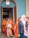 Episcopal Liturgy, divine service and procession with the consecration of honey on the feast of the Honey Saviour in Russia. Royalty Free Stock Photo