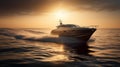 The epitome of elegance, A motor boat graces the sea with a dawn sail