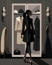 The epitome of fashion. A stunning black woman stands before a closet filled with fashionable pieces that make a