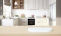 Epmty place for product on podium or pedestal on bright modern kitchen background. Kitchen mock up. AI generated