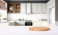 Epmty place for product on podium or pedestal on bright modern kitchen background. Kitchen mock up. AI generated