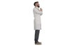 Ãâepressed doctor holding face in despair on white background.