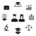 Illustration of a set of education symbols and silhouettes of students