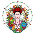 Frida Kahlo vector portrait , young beautiful mexican woman with a traditional hairstyle, Mexican crafts jewelry and dress Royalty Free Stock Photo