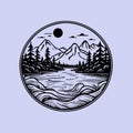Wilderness Mountain Lake Line Art Vector Icon Royalty Free Stock Photo