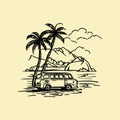Vintage Camper Van on Beach Vector Illustration Royalty Free Stock Photo