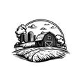 Agricultural Village Scene with Farmhouse Barn and Metal Silo Tower Royalty Free Stock Photo