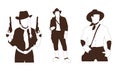 Three silhouettes of men with one wearing a cowboy hat and one wearing a cowboy hat.