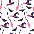 Hand drawn vector pattern for halloween. Witch hat, broom and bat colourful background. Royalty Free Stock Photo