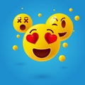 Smiley face icons or yellow emoticons with emotional funny faces in glossy 3D realistic Royalty Free Stock Photo