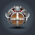 Shield axes and Helm, rusty iron rounded badge icon. For Ui Game.