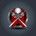 Medieval warrior skull with swords, rusty iron rounded badge icon. For Ui Game.