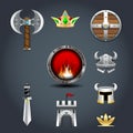 Set of Warrior`s Game Icons, Axe, Crown, Shield, Helm, Sword. Royalty Free Stock Photo