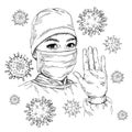 Sketch Doctor showing gesture Stop Infection. Woman wearing medical face mask and cap. COVID-19 coronavirus protection. Royalty Free Stock Photo