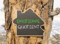 EQ emotional quotient symbol. Concept words EQ emotional quotient on beautiful black house blackboard. Beautiful tree background.