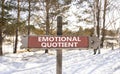 EQ emotional quotient symbol. Concept words EQ emotional quotient on beautiful wooden road sign. Beautiful forest snow sky Royalty Free Stock Photo