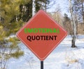 EQ emotional quotient symbol. Concept words EQ emotional quotient on beautiful red road sign. Beautiful forest snow blue sky