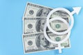 Equal pay concept. 100 dollar bills on blue background and gender equality symbol Royalty Free Stock Photo