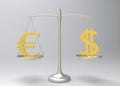 3d rendering. An equality of Golden Euro and Dollar currency sign on Silver balance scale Royalty Free Stock Photo