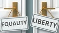 Equality or liberty as a choice in life - pictured as words Equality, liberty on doors to show that Equality and liberty are