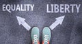 Equality and liberty as different choices in life - pictured as words Equality, liberty on a road to symbolize making decision and