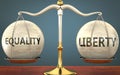 Equality and liberty staying in balance - pictured as a metal scale with weights and labels equality and liberty to symbolize