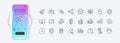 Equality, Marketplace and Hot water line icons for web app. Pictogram icon. Phone mockup gradient screen. Vector