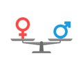 Equality of sex on weight scale, comparison man and woman in equal relation. Libra with gender signs. Vector flat