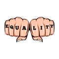 Equality tattoo. Feminism poster with female fists. Vector illustration on white