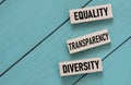 EQUALITY TRANSPARENCY DIVERSITY - words on wooden blocks on a turquoise background