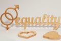 EQUALITY word carved out of plywood. Symbol of gender equality. White background