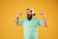 Equalizer player settings. Lifestyle music fan. Man listening music wireless headphones. Bass low sound. Hipster Royalty Free Stock Photo