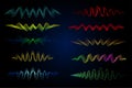 Equalizer vector illustration. Abstract wave icon set for music and sound. Pulsation color wavy motion lines on black background. Royalty Free Stock Photo